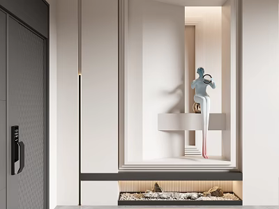 Modern Minimalist Entryway Hallway Design With Wall Mirror Decorative Sculpture And Ambient Lighting 3d model
