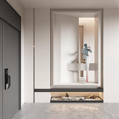 Modern Minimalist Entryway Hallway Design With Wall Mirror Decorative Sculpture And Ambient Lighting 3d model