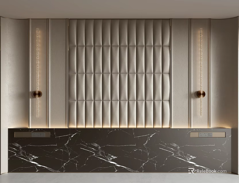 Elegant Modern Background Wall Featuring Vertical Tufted Panels And Marble Countertop With Decorative Lights 3d model