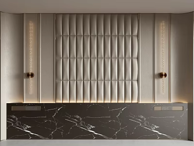 Elegant Modern Background Wall Featuring Vertical Tufted Panels And Marble Countertop With Decorative Lights 3d model