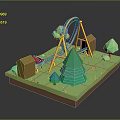 3D Miniature Amusement Park Landscape With Roller Coaster Red Car Green Trees And Small Buildings