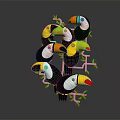 Colorful Tropical Toucans Perched On Tree Branches With Green Leaves And Vibrant Beaks