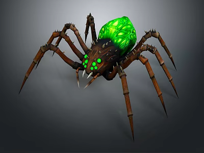 Giant Spider With Glowing Green Body And Brown Spiked Legs And Fangs 3d model
