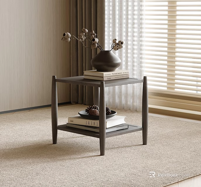 Modern Dark Wooden Side Table With Books Vase And Decorative Items On Carpet 3d model 