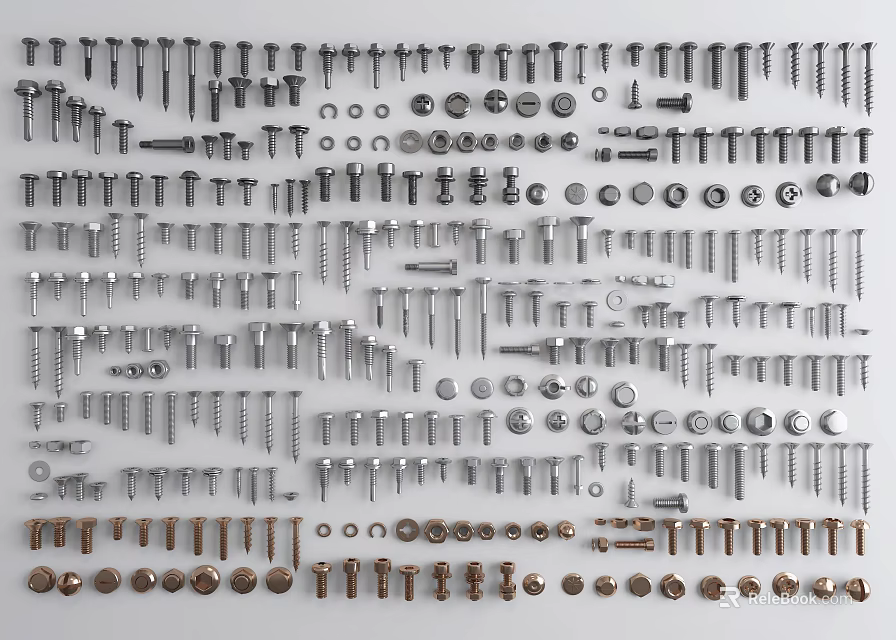 Assorted Metal Fasteners Collection Featuring Screws Bolts Nuts and Washers 3d model