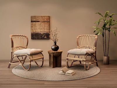 Wicker Lounge Chairs With Cushions On Round Rug And Decorative Wall Art With Potted Plant 3d model