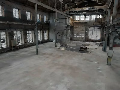 Abandoned Industrial Interior Landscape With Exposed Columns Broken Roof And Empty Floor 3d model