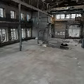 Abandoned Industrial Interior Landscape With Exposed Columns Broken Roof And Empty Floor