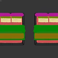 Modern double bed with purple and orange upholstered headboard and white bedspread pillows