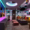Stylish KTV Lounge Interior With Teal Sofas Colorful Cushions And Decorative Murals