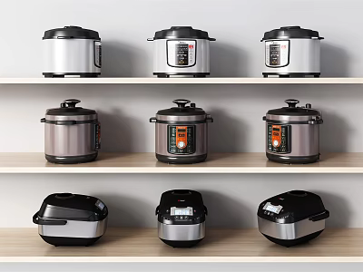 Assorted Kitchen Appliances on Wooden Shelves Featuring Electric Pressure Cookers and Rice Cookers 3d model