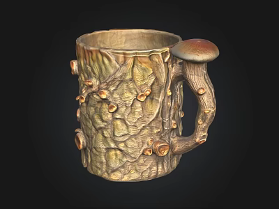 Handcrafted Natural Design Mug Featuring Bark Texture Mushroom Handle And Knot Details 3d model