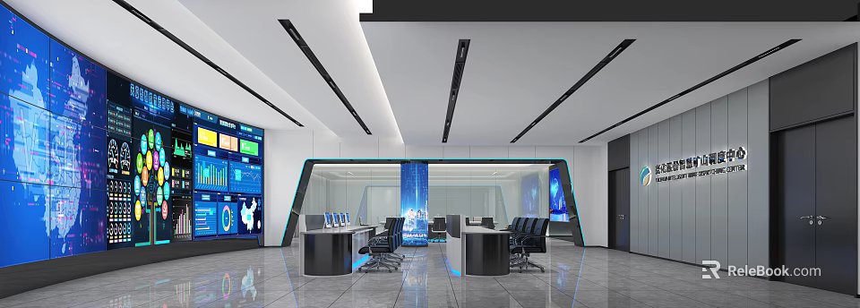 Modern Control Room Interior With Multiple Monitor Screens Control Consoles And Office Chairs 3d model 