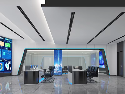 Modern Control Room Interior With Multiple Monitor Screens Control Consoles And Office Chairs 3d model