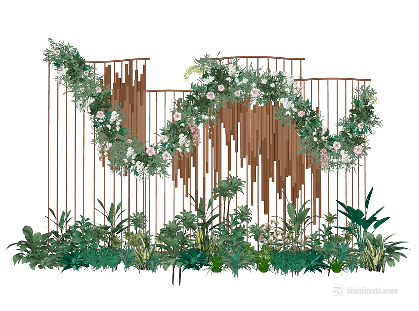 Stylish Floral Installation With Metal Frame Greenery White Pink Flowers And Ground Foliage 3d model 