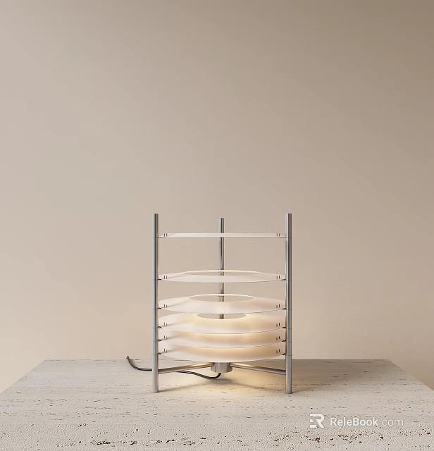 Modern Layered Table Lamp With Metal Frame And White Illuminated Shade On Light Wooden Table 3d model 