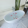 White Freestanding Bathtub With Red Petals On Water And Landscape Painting Background