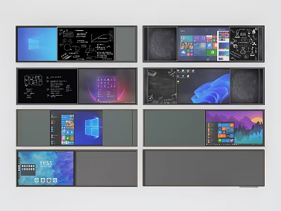Various Computer Desktop Interfaces With Windows Screens Multiple Application Windows And Colorful Wallpapers 3d model