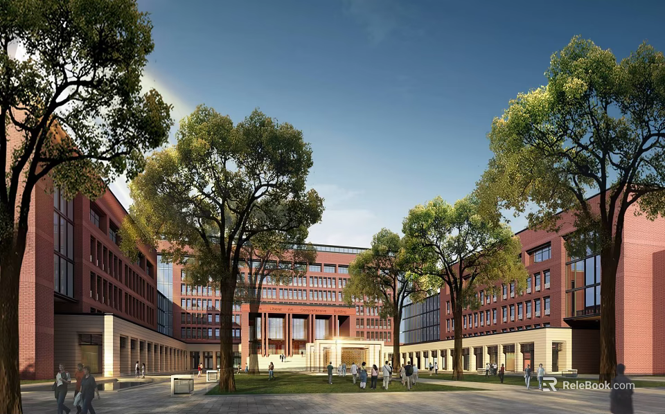 Modern School Building With Red Brick Exterior Surrounded by Trees and Plaza With Students Activities 3d model 