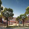 Modern School Building With Red Brick Exterior Surrounded by Trees and Plaza With Students Activities