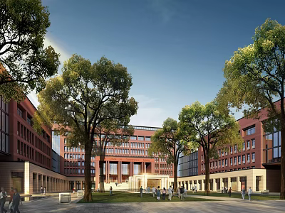 Modern School Building With Red Brick Exterior Surrounded by Trees and Plaza With Students Activities 3d model