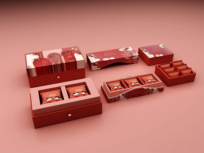 Traditional Red Mooncake Gift Boxes With Intricate Patterns And Delicious Fillings 3d model