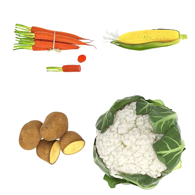 Assorted Fresh Vegetables Including Carrots Corn Cherry Tomatoes Potatoes And Cauliflower 3d model