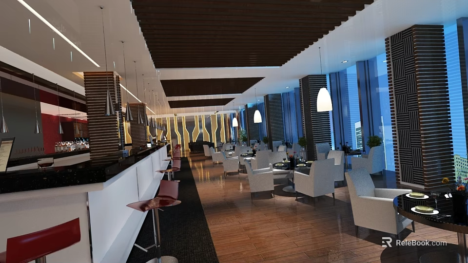 Restaurant Interior Design Featuring Wooden Ceiling Pendant Lights White Tables Chairs Bar Counter Large Windows 3d model 