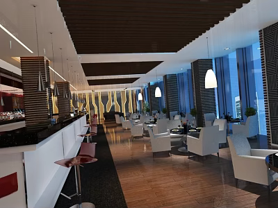 Restaurant Interior Design Featuring Wooden Ceiling Pendant Lights White Tables Chairs Bar Counter Large Windows 3d model