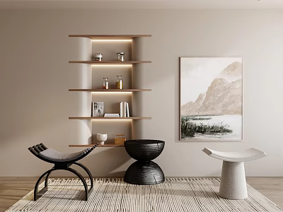 Modern Living Room Decor With Stylish Stools And Wall Art 3d model