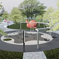 Park Landscape With Children's Playground Swings Apple Shaped Climbing Structure And Green Trees