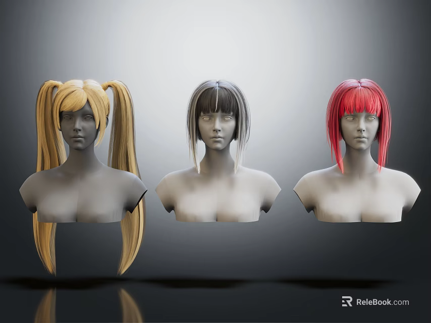 Fashionable Wigs On Mannequin Heads Featuring Blonde Black Red Colors 3d model 