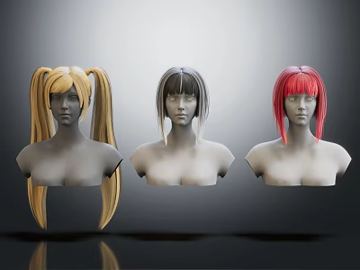 Fashionable Wigs On Mannequin Heads Featuring Blonde Black Red Colors 3d model
