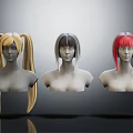 Fashionable Wigs On Mannequin Heads Featuring Blonde Black Red Colors