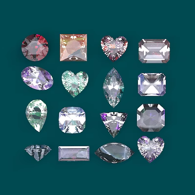 Variety Of Colorful Gemstones With Different Shapes And Cuts On Green Background 3d model