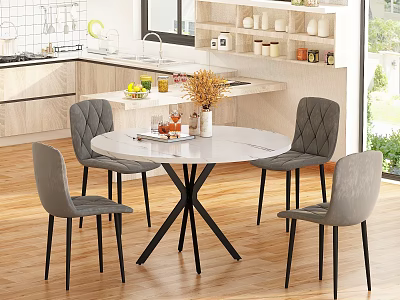 Modern Restaurant Dining Area With Round Marble Table Gray Tufted Chairs Open Kitchen Natural Light 3d model