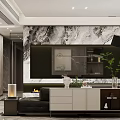 Modern Dining And Living Room With Gray Cabinets Marble Walls Mirror And Green Plant