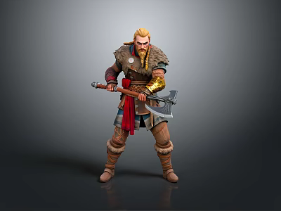 Man As Viking Warrior With Blonde Hair Holding Battle Axe Wearing Leather Armor Red Cape 3d model