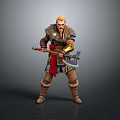 Man As Viking Warrior With Blonde Hair Holding Battle Axe Wearing Leather Armor Red Cape