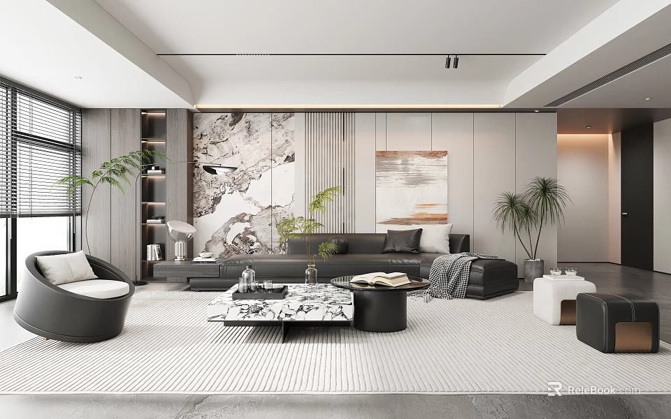 Modern Living Room Featuring Black Sofa Marble Coffee Table Large Decorative Painting And Green Plants 3d model 