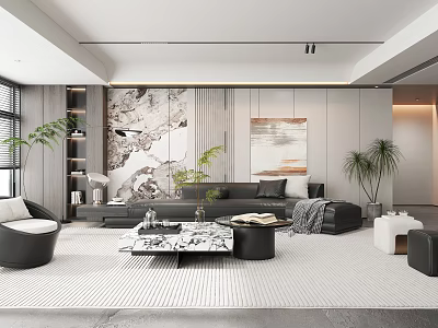 Modern Living Room Featuring Black Sofa Marble Coffee Table Large Decorative Painting And Green Plants 3d model