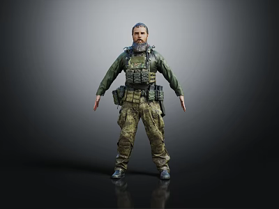 Male Character in Camouflage Uniform and Tactical Vest Standing Against Dark Background with Serious Expression 3d model