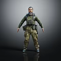 Male Character in Camouflage Uniform and Tactical Vest Standing Against Dark Background with Serious Expression