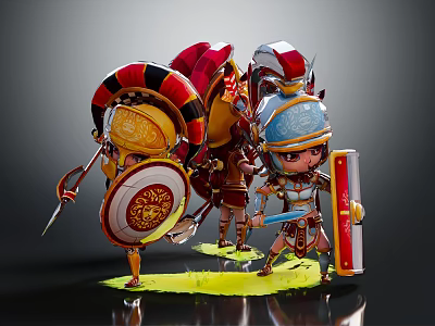Cute Roman Soldier Characters in 3D Render With Shields and Weapons 3d model