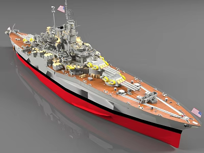 Military Battleship Model with Gray Hull Red Bottom Turret Antenna and American Flags 3d model