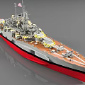 Military Battleship Model with Gray Hull Red Bottom Turret Antenna and American Flags
