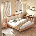 Wooden Double Bed with Upholstered Headboard Nightstand Bookshelf by Window with Blinds on Wooden Floor