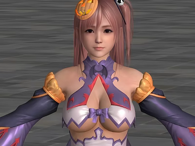 Anime Game Character With Pink Hair Pumpkin Headpiece Black Skull Accessory And Purple White Outfit 3d model