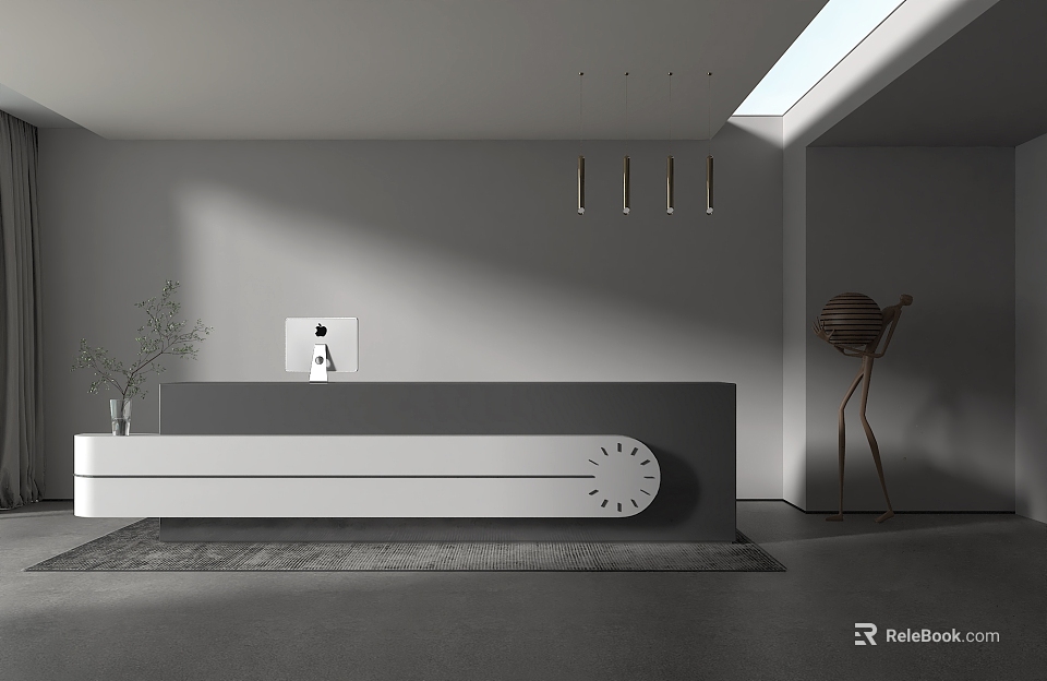 Minimalist Reception Area Design With White Desk Pendant Lights Sculpture And Plant 3d model 
