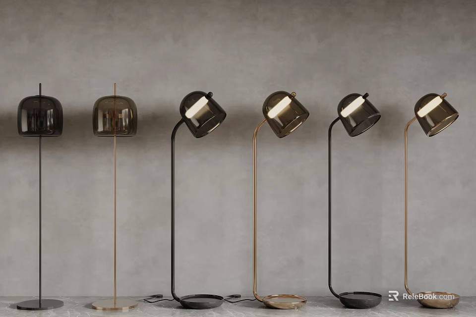 Modern Floor Lamps With Glass Shades And Metal Frames Against Grey Background 3d model 